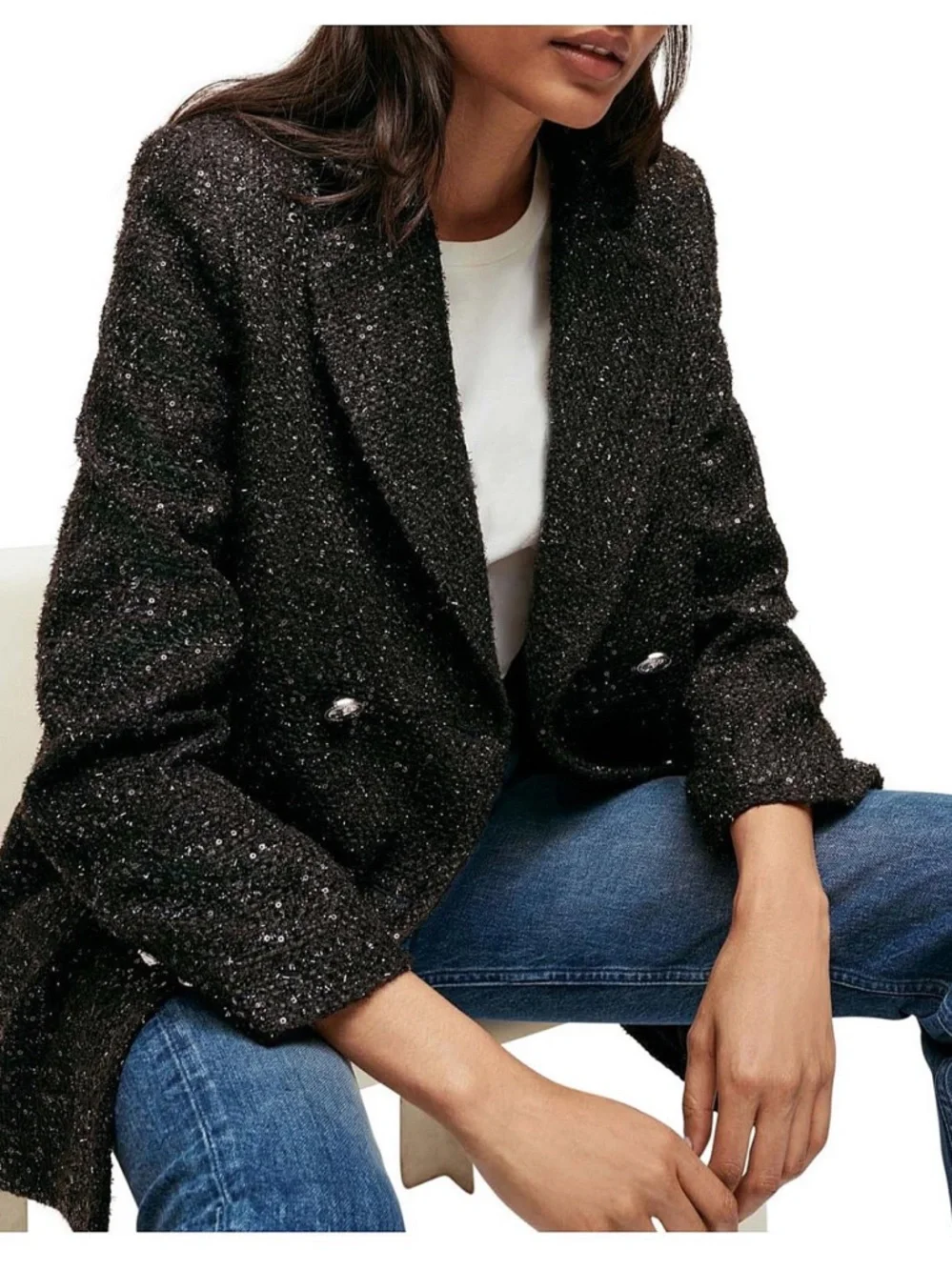 Maje Venatelli Blazer Black Sequined Tweed Double-Breasted Size Large (40) - Picture 2 of 8
